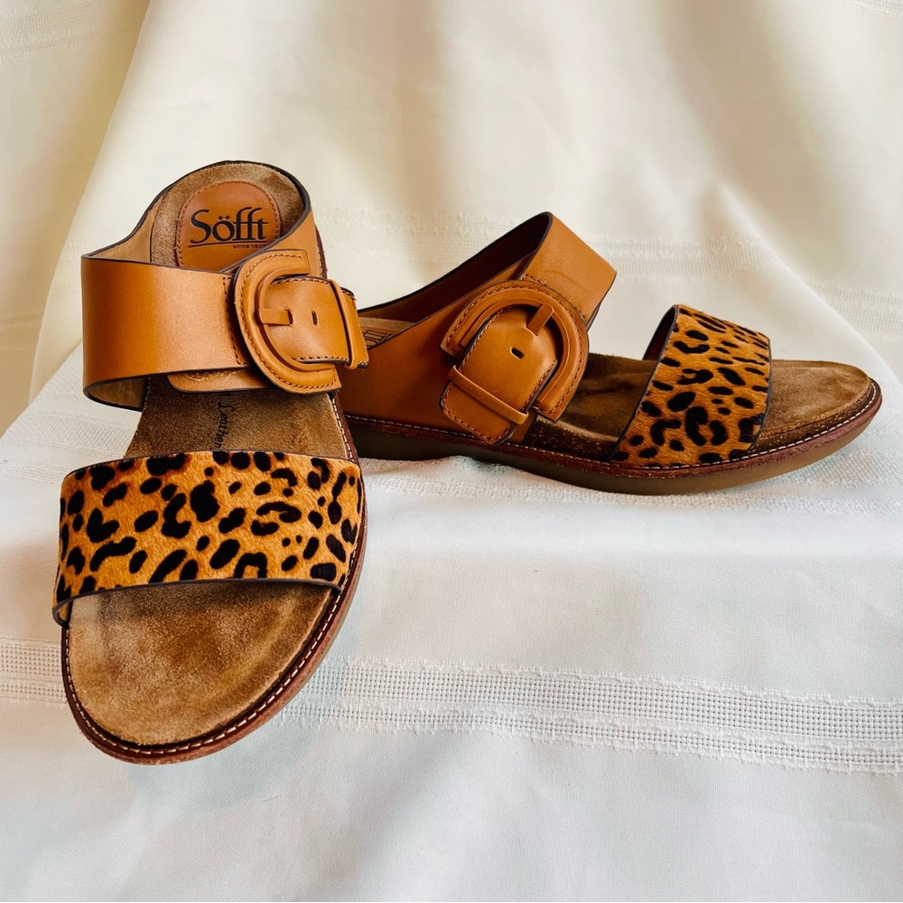 Söfft Leopard Print and Tan Leather Slide Sandals - Picture 2 of 14